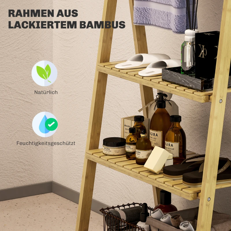 HOMCOM 3-stufiges Badezimmerregal, 3 Handtuchhalter, Bambusrahmen, A-förmig, Lattenregale