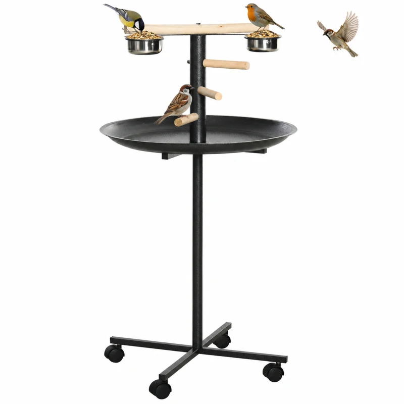 PawHut Perchoir perroquet mangeoire à oiseaux sur pied 4 roulettes, 2 mangeoires en acier inoxydable, Ø 60 x 111 cm, gris
