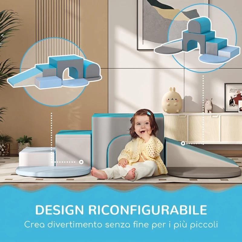 HOMCOM Set da Gioco per Bambini 12-36 Mesi da 7 Blocchi Multicolore in PU e EPE, 170x130x40 cm, Blu e Grigio