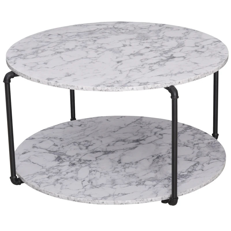 HOMCOM Table Basse Ronde avec étagère dim. Ø 80 x 45H cm Panneaux Particules Imitation marbre Blanc métal Noir