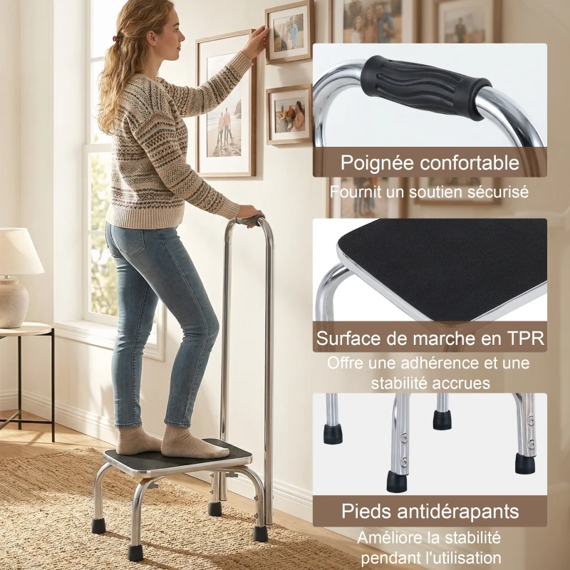 HOMCOM Marche avec Barre d'appui - marchepied de sécurité - Plateforme & Patins antidérapants - Acier galvanisé, gris et noir
