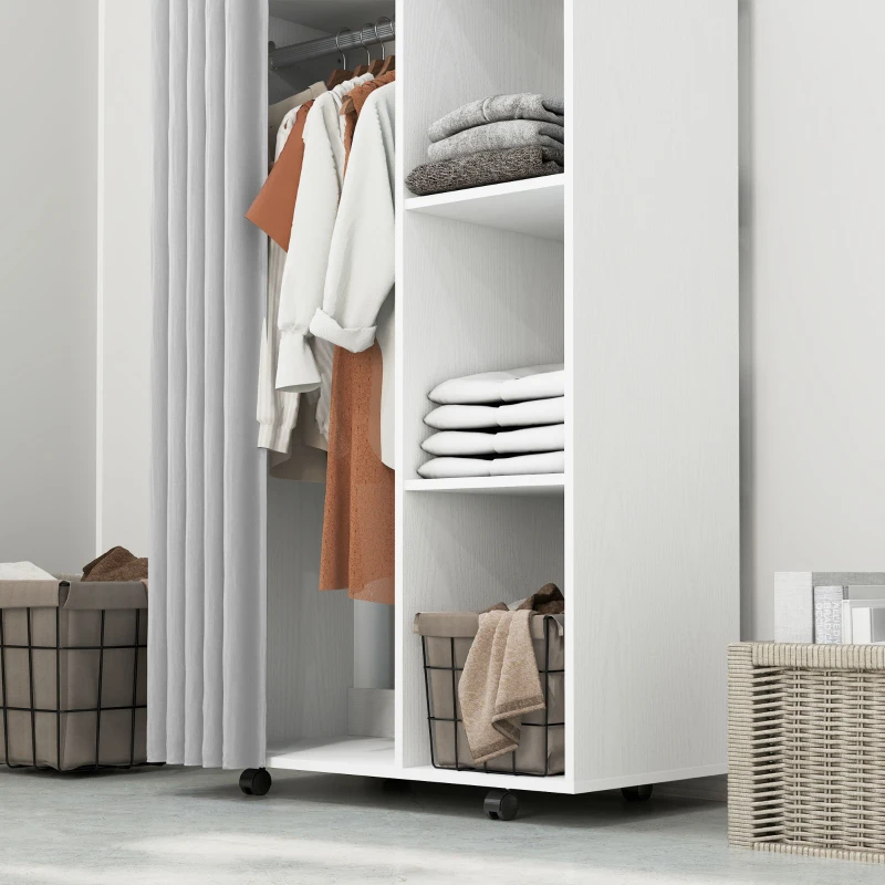 HOMCOM Stand Appendiabiti con 4 Ruote, Ripiani Aperti, Asta per Vestiti, Tende per Guardaroba, per Camera da Letto Soggiorno Corridoio, Bianco