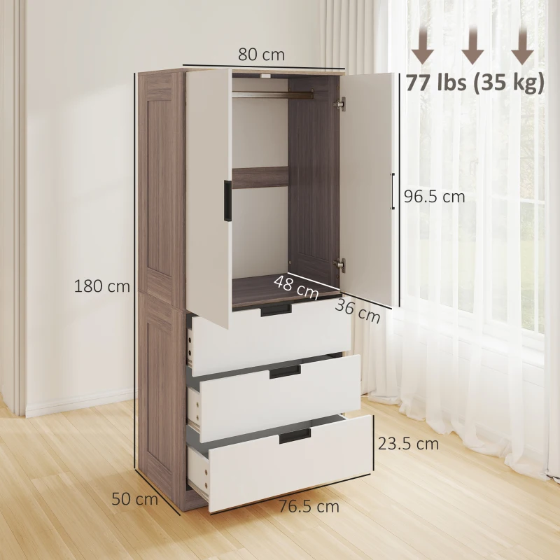 HOMCOM Modern Clothes Storage Cupboard Unit, 3 Drawer 2 Door Wardrobe with Hanging Rod, White/Brown