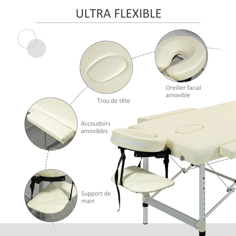 HOMCOM Table de massage pliable portable + housse de transport charge max. 225 Kg hauteur réglable 210 x 90 cm crème