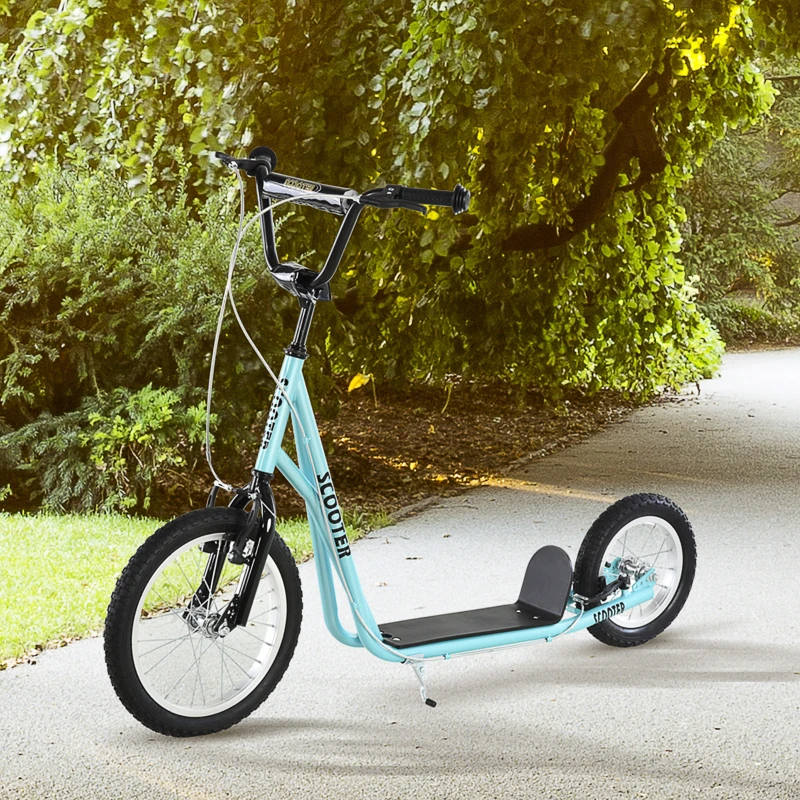 HOMCOM Trottinette patinette Grandes Roues pneumatiques Ø 40 et 30 cm Hauteur Guidon réglable Frein AV/AR béquille Acier Bleu Ciel Noir(m-10)