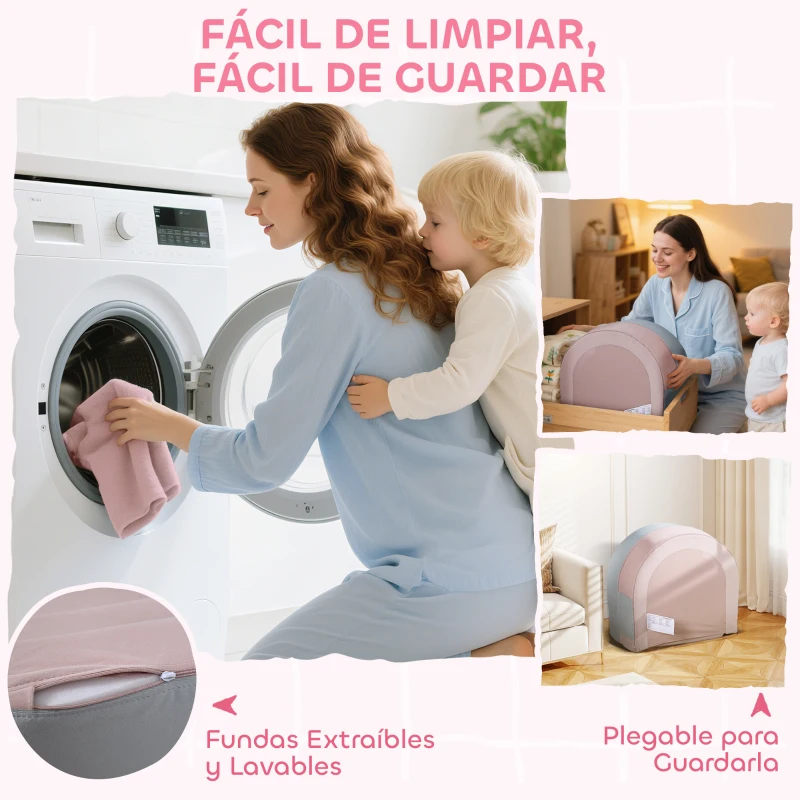 AIYAPLAY Sofá Infantil Convertible en Cama y Zona de Juego con Cojín de Corona 116x61x14 cm Rosa y Azul Grisáceo