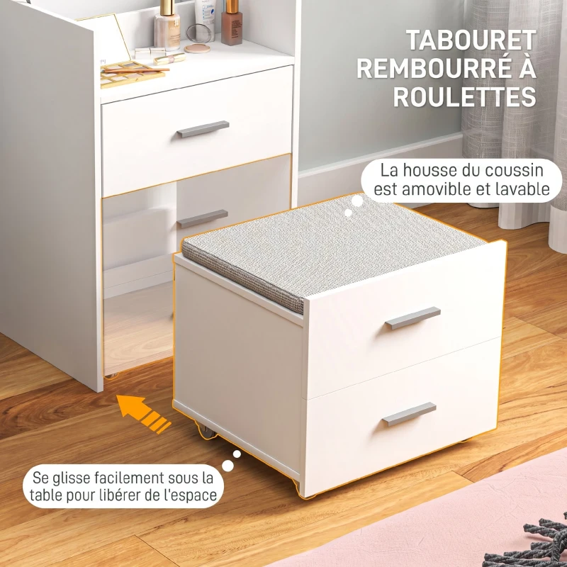 HOMCOM Coiffeuse avec miroir relevable et tabouret à roulettes, table de maquillage avec 2 tiroirs, coussin amovible, blanc(m-5)