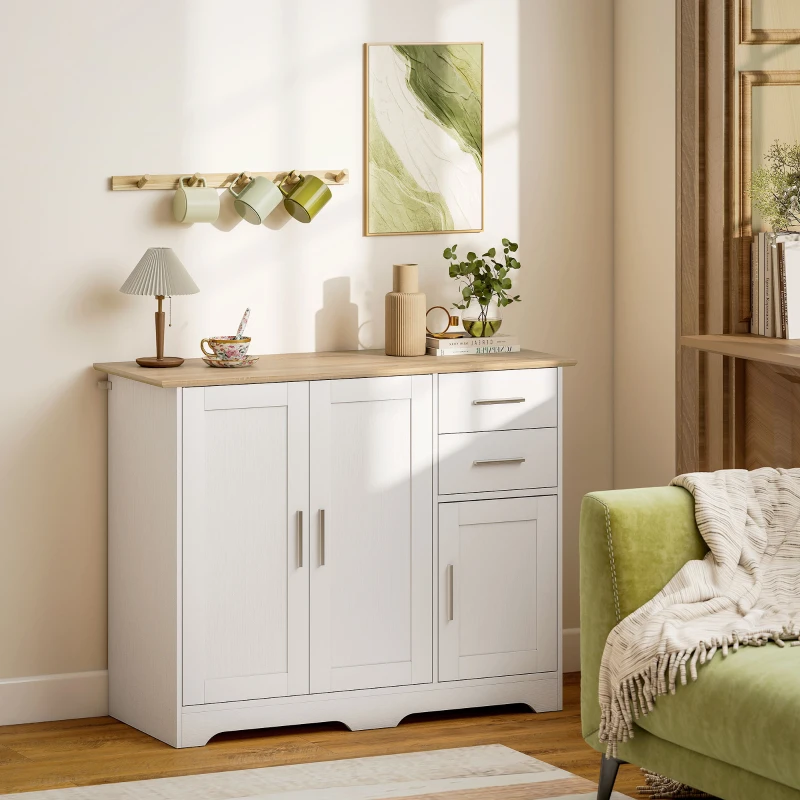 HOMCOM Buffet salon, meuble de rangement avec 2 tiroirs, 3 portes et étagère réglable, 100 x 40 x 78 cm, blanc et bois naturel(m-9)