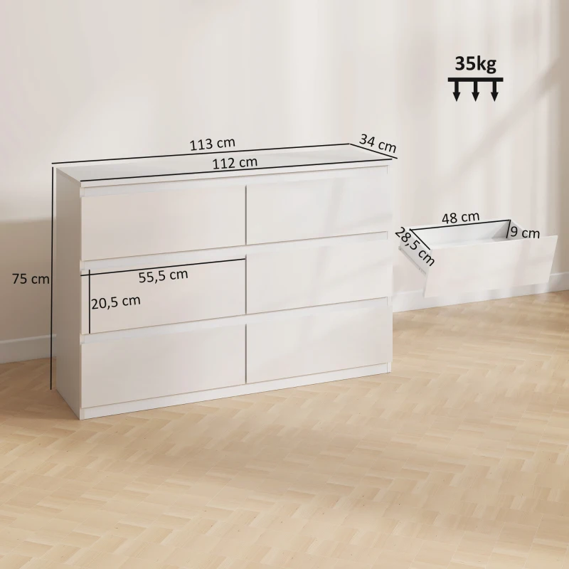 HOMCOM Cassettiera 6 Cassetti in Legno, Comò per Camera da Letto Moderno e Multiuso, 112x34x75 cm, Bianco