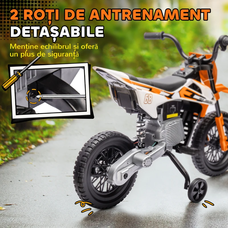 AIYAPLAY Motocicletă Electrică pentru Copii cu Roți Ajutătoare Detașabile, Suspensii, Sunete și Indicator de Încărcare, Portocalie