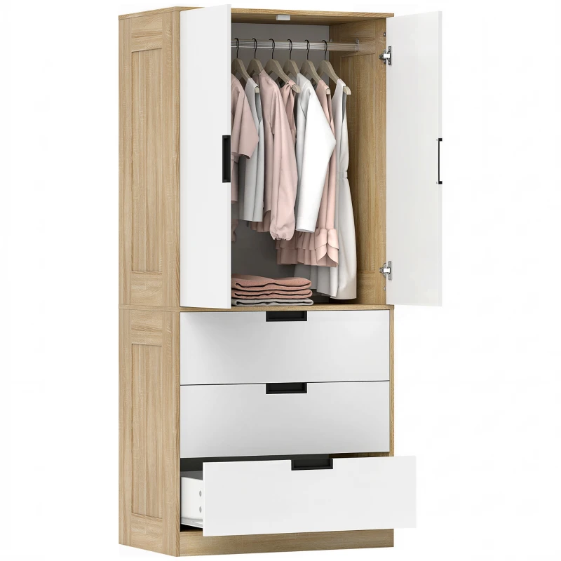 HOMCOM Modern Clothes Storage Cupboard Unit, 3 Drawer 2 Door Wardrobe with Hanging Rod, Oak