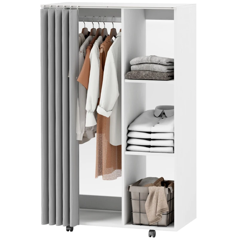 HOMCOM Stand Appendiabiti con 4 Ruote, Ripiani Aperti, Asta per Vestiti, Tende per Guardaroba, per Camera da Letto Soggiorno Corridoio, Bianco