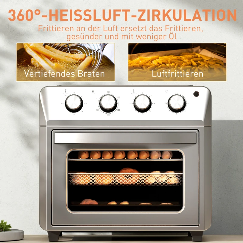 HOMCOM Minibackofen mit Umluft, Heißluftfritteuse, 6 Heizmodi, Timer, Zubehör, 24L, Silber