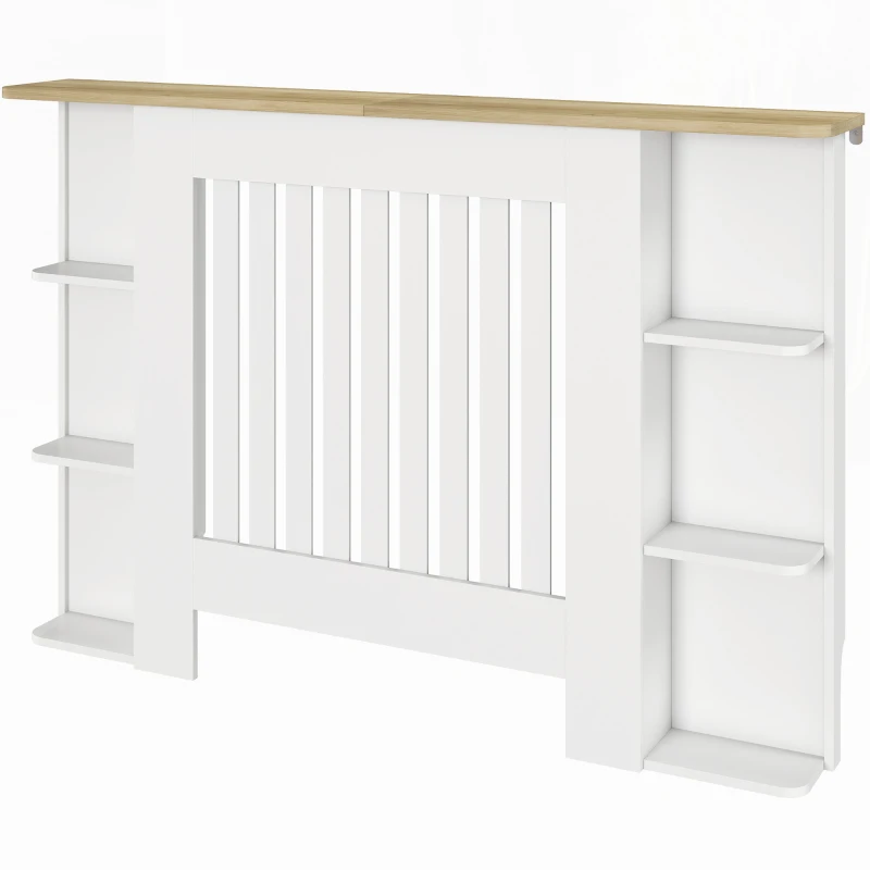 HOMCOM Cache-radiateur avec étagères de rangement ouvertes, couvercle de radiateur en bois à lattes, 124x19x83cm, blanc