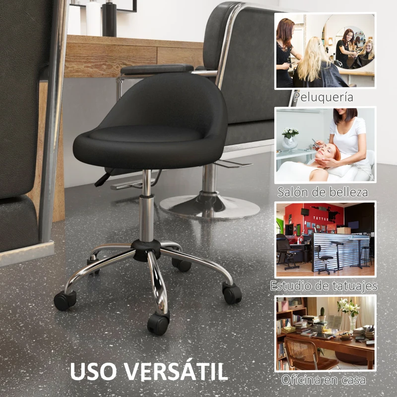 HOMCOM Taburete con Ruedas Taburete Giratoria con Altura Ajustable Taburete Cosmética Dentista Peluqueria Ø50x63-83 cm Negro
