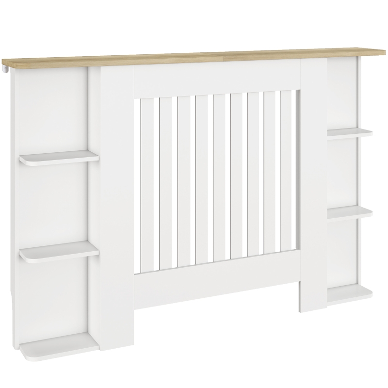 HOMCOM Cache-radiateur avec étagères de rangement ouvertes, couvercle de radiateur en bois à lattes, 124x19x83cm, blanc