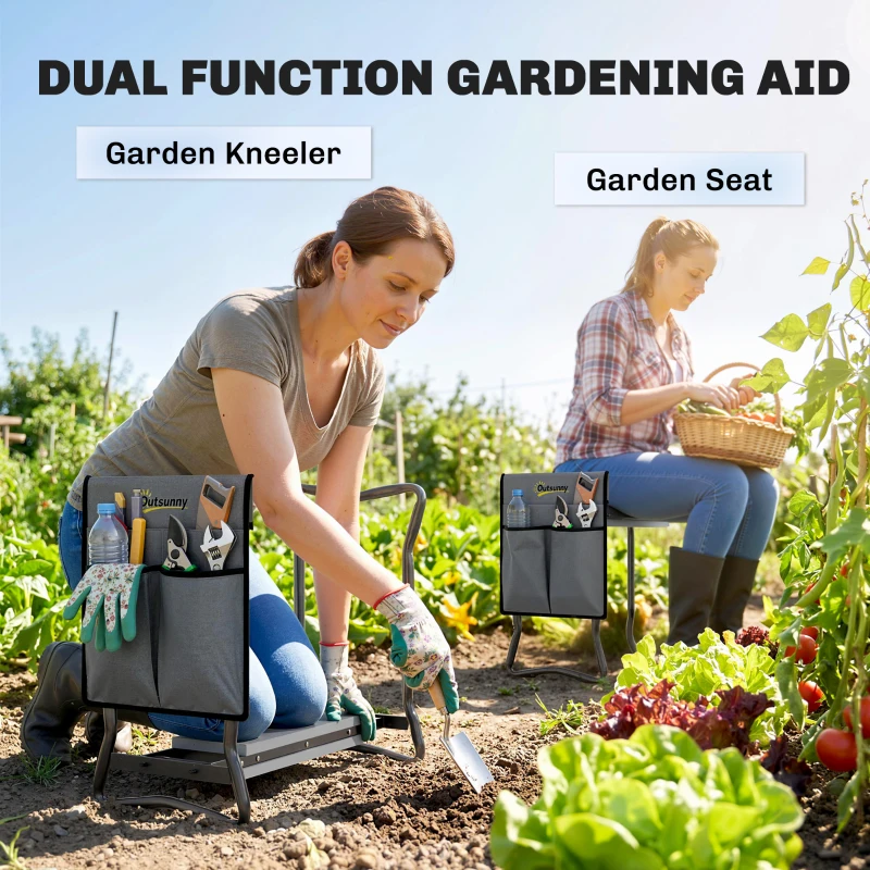 Outsunny Steel Frame Padded Garden Kneeler, with Tool Bag - Grey
