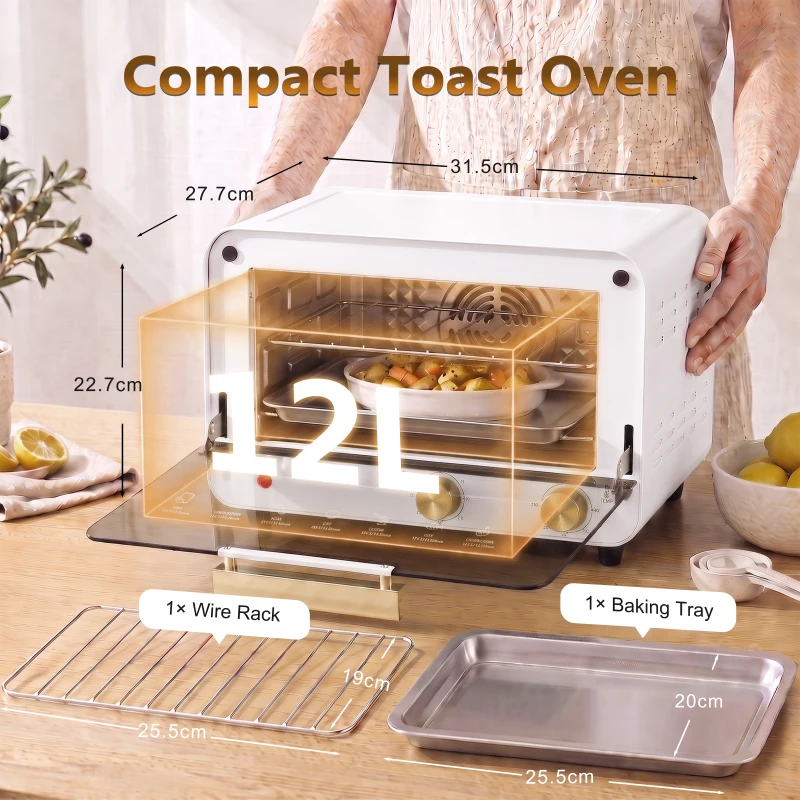 HOMCOM Small Toaster Oven, 12L Multifunction Mini Countertop Oven with Glass Door, Adjustable Temperature and Timer, White