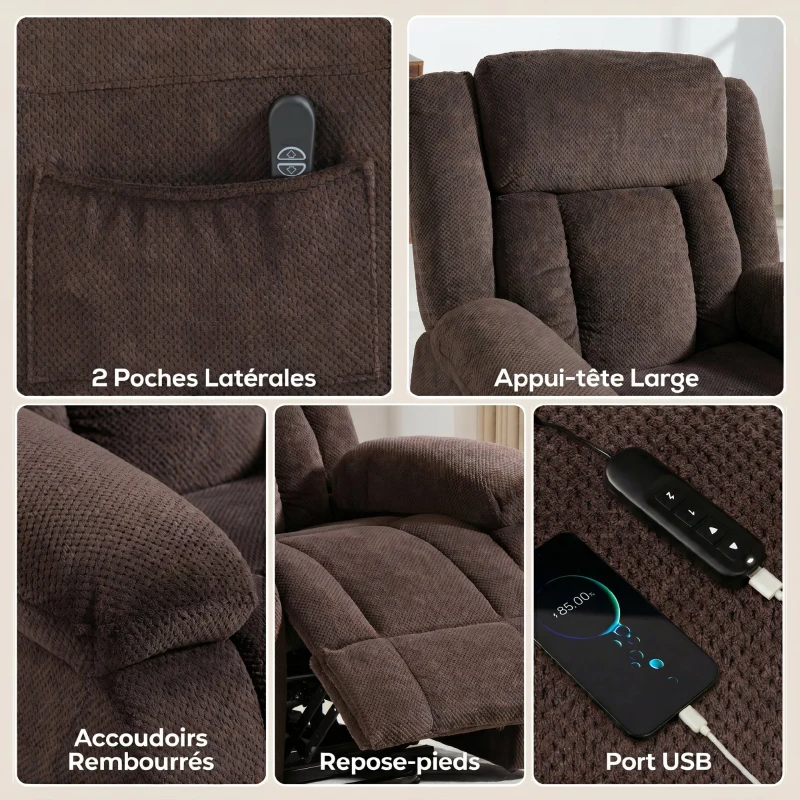 HOMCOM Fauteuil Releveur Électrique, Fauteuil Relax Électrique en Velours, Dossier Inclinable, Assise Large, Port USB, Marron
