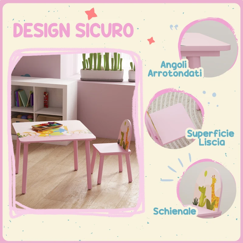 AIYAPLAY Set Tavolo e Sedie per Bambini 3-8 Anni con Motivi Animali e Bordi Arrotondati, in MDF e Legno di Pino Rosa