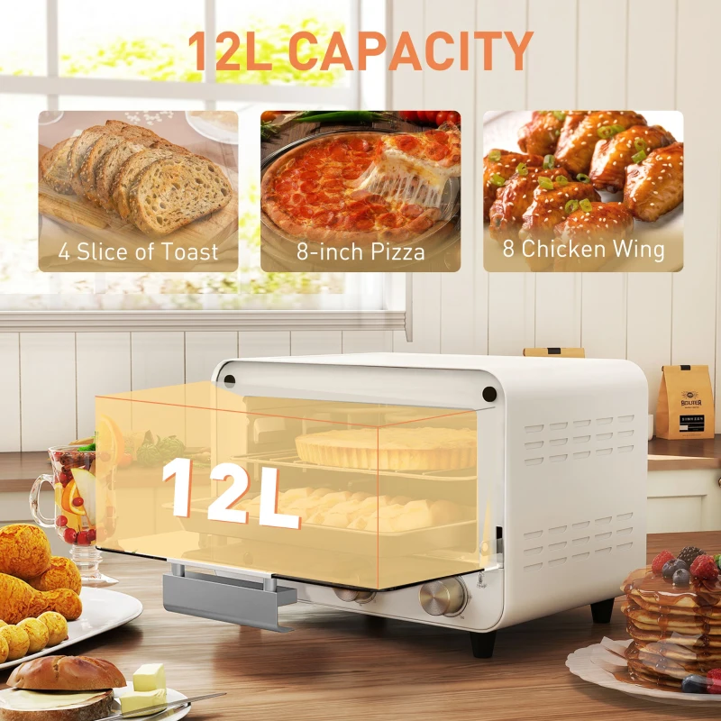 HOMCOM Mini Oven, Small Toaster Oven with Glass Door, Adjustable Temperature and Timer, Accessory Included, 750W, Cream White