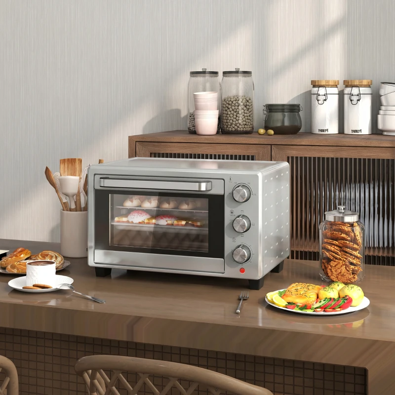HOMCOM 21L Mini Countertop Oven, 100°C-230°C Adjustable Temp - Silver Tone