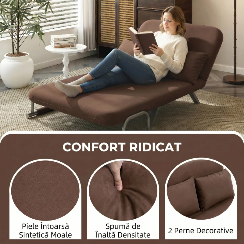 HOMCOM Canapea Extensibilă 2 Locuri din Piele Întoarsă Sintetică cu Spătar Reglabil și 2 Perne, Maro Închis