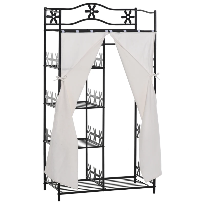 HOMCOM Armoire Chambre adulte Penderie Vêtement Dressing Multi Rangements 5 étagères 84L x 42l x 159H cm métal Noir 2 Rideaux Blanc