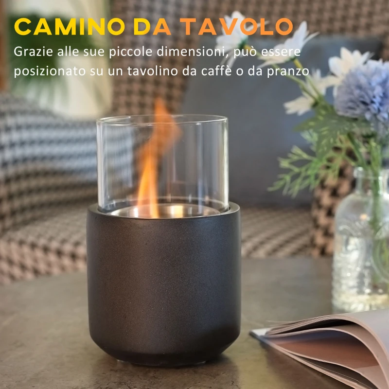 HOMCOM Camino a Bioetanolo da Tavolo con Serbatoio da 0.4L, 12x12x19cm, Grigio Scuro