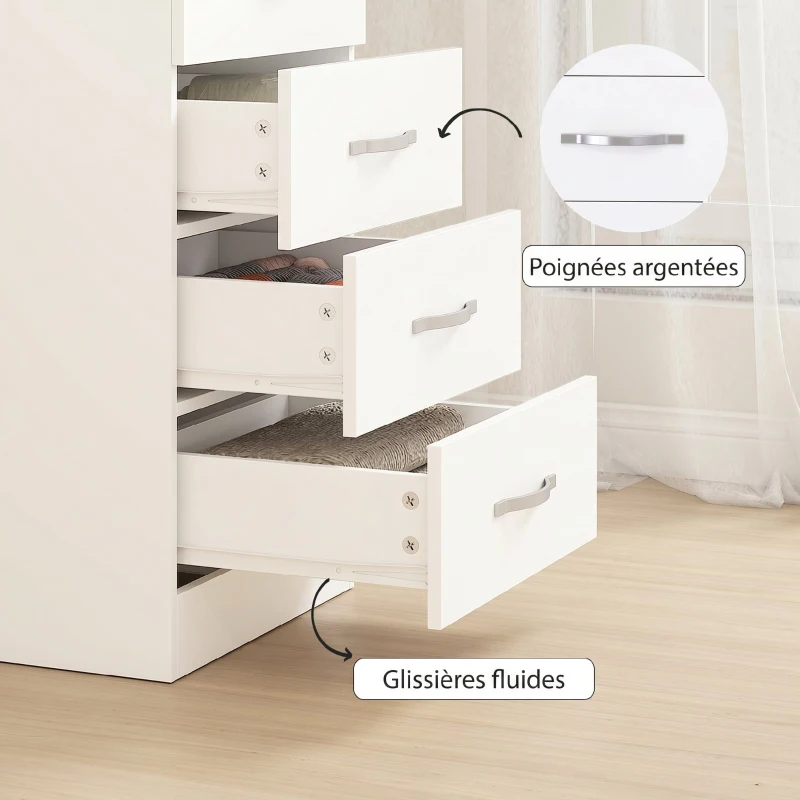 HOMCOM Commode 5 tiroirs, meuble de rangement étroit, style moderne, pour chambre à coucher, salon, couloir, 40x35x85cm, blanc