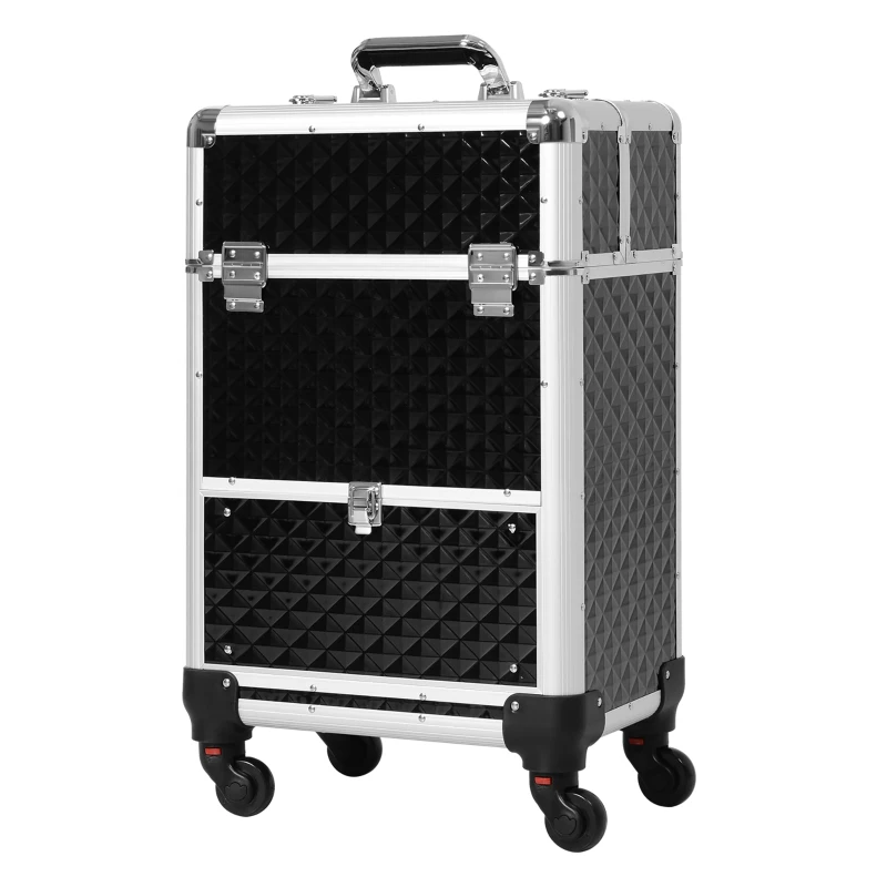 HOMCOM Valise trolley maquillage mallette cosmétique vanity poignée télescopique réglable 34L x 25l x 62H cm alu. noir