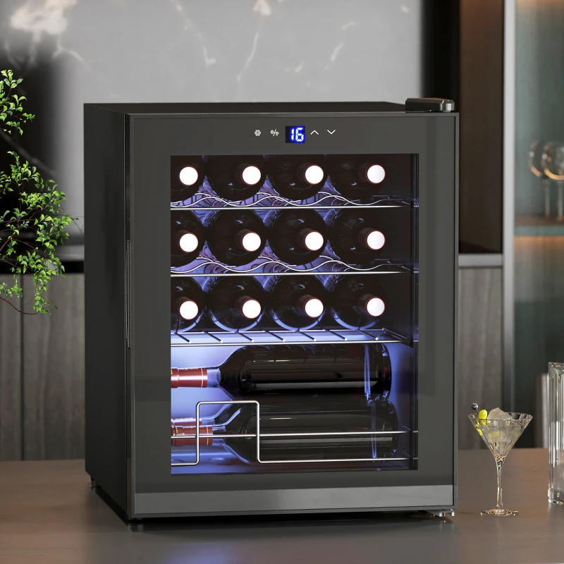 HOMCOM Cave à vin 16 bouteilles 42L, réfrigérateur à vin et boissons avec température réglable 5-18°C, porte en verre, noir