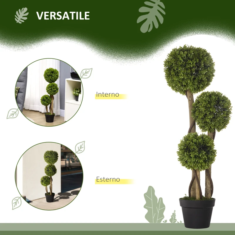 HOMCOM Pianta di Bosso Artificiale a 3 Sfere con Vaso Incluso e Fondo Rinforzato, Altezza 90 cm