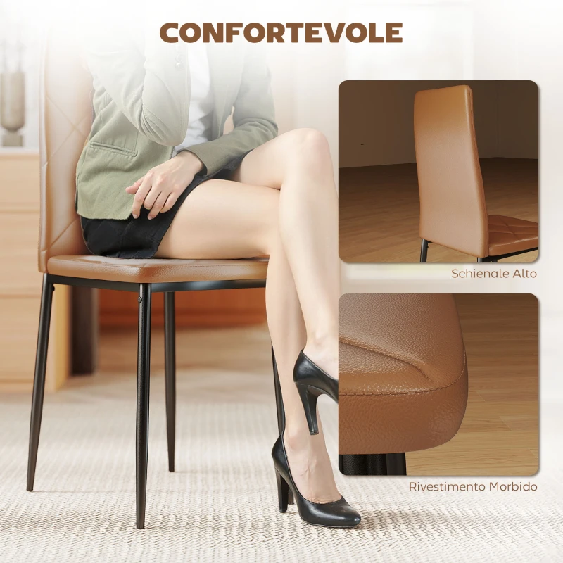 HOMCOM Set di 6 Sedie da Pranzo Moderne con Schienale Alto in Finta Pelle e Acciaio, 41x50x97 cm, Marrone