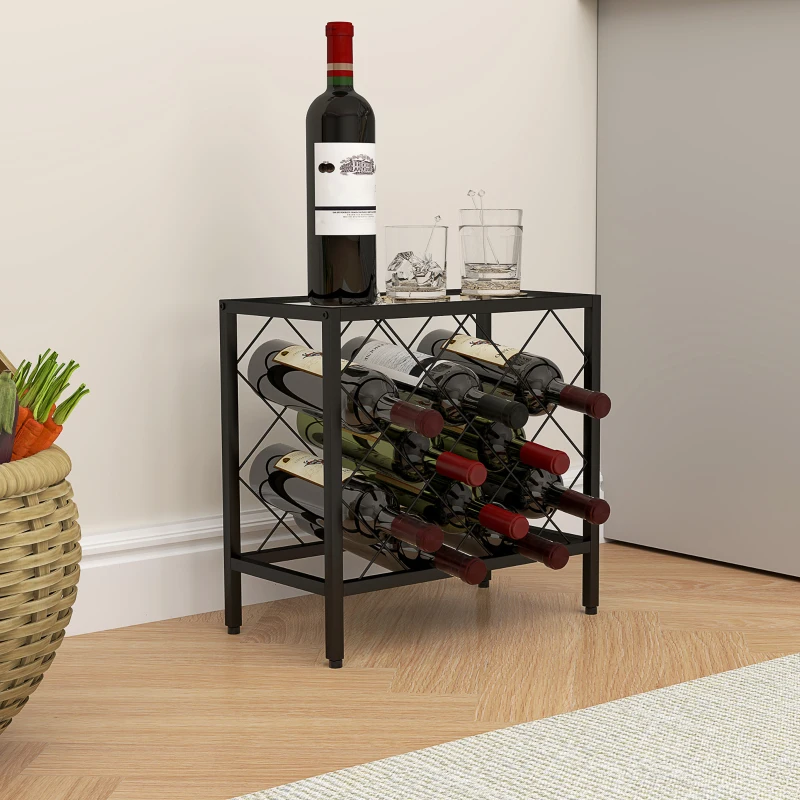HOMCOM Suport pentru sticle de vin, 10 sticle, din oțel negru, cu blat din sticlă securizată, 41x22x41 cm