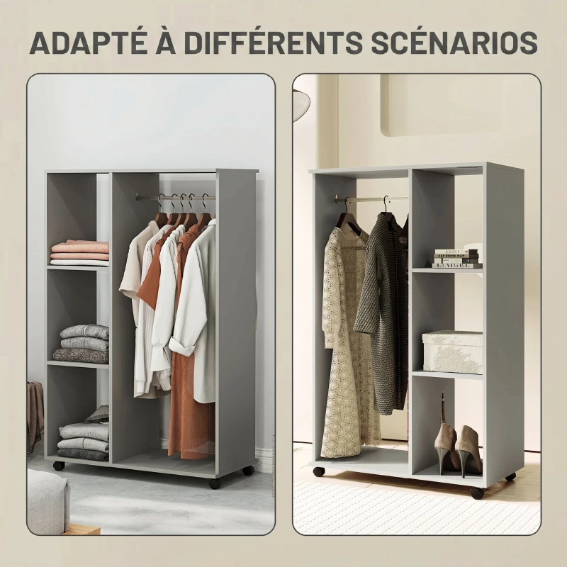 HOMCOM Armoire penderie meuble de rangement mobile 4 roulettes avec tringle à vêtements et étagères ouvertes, gris