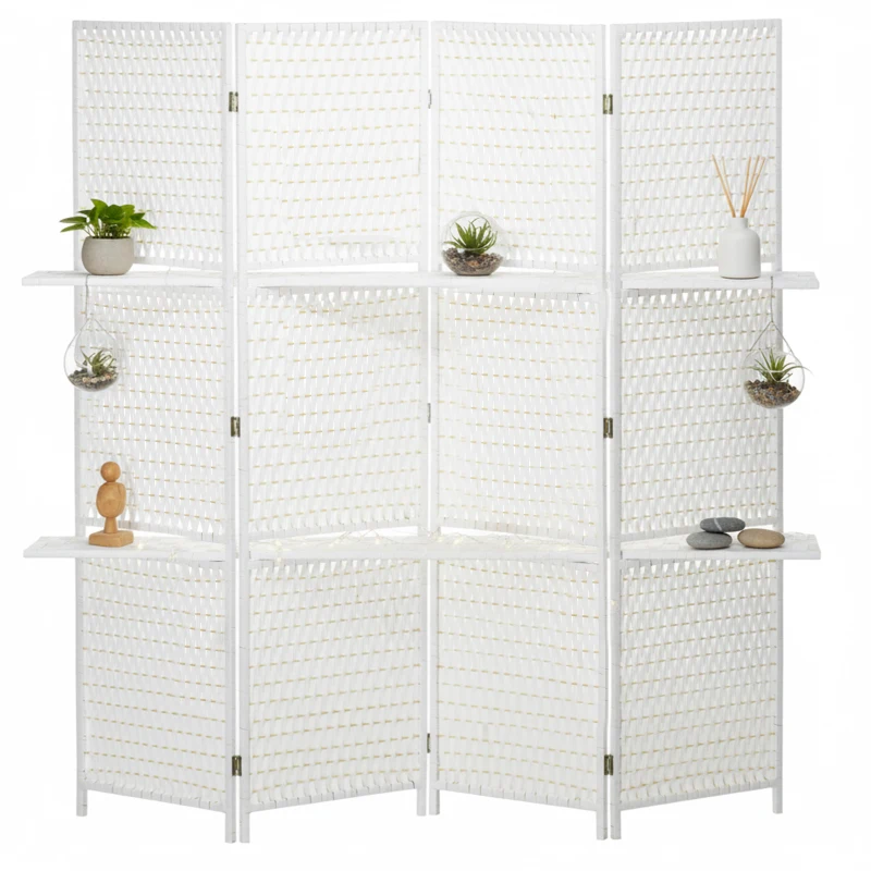 HOMCOM Paravent 4-teilig 181 x 180 cm Faltbar Raumteiler mit 2 Regalen aus Kiefernholz, Bambus für Schlafzimmer, Weiß
