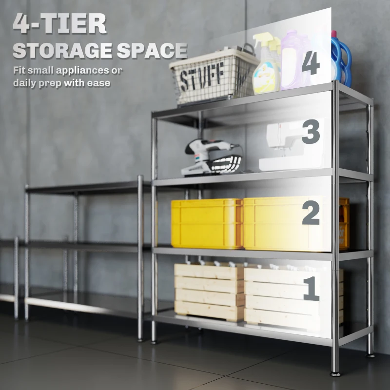 HOMCOM 4-Tier Bakers Rack with Storage, Stainless Steel Microwave Stand with Adjustable Shelves for Small Spaces, Kitchen Storage Unit for Spices, Pots and Pans, Silver Tone