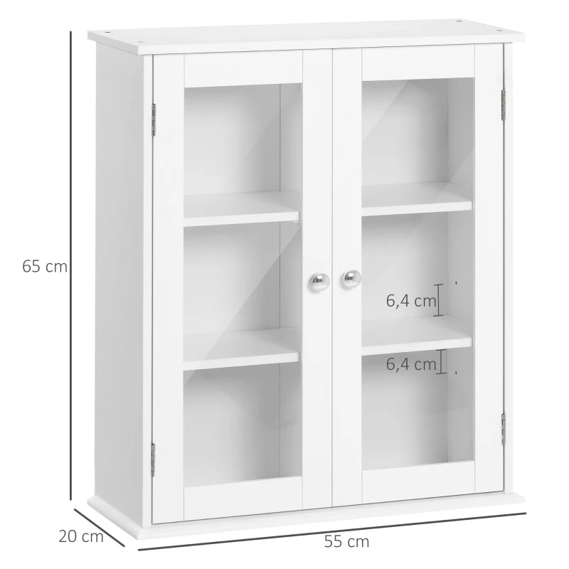 kleankin Armadietto Pensile Bagno a 2 Ante in Legno e Vetro con Ripiano Regolabile, 55x20x65 cm, Bianco
