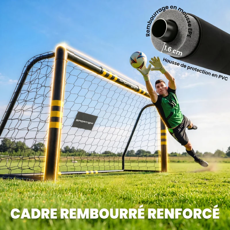 SPORTNOW But de Football avec Mousse de Protection, 5 Piquets de Sol et Filet en PE, 180x60x120cm, Jaune