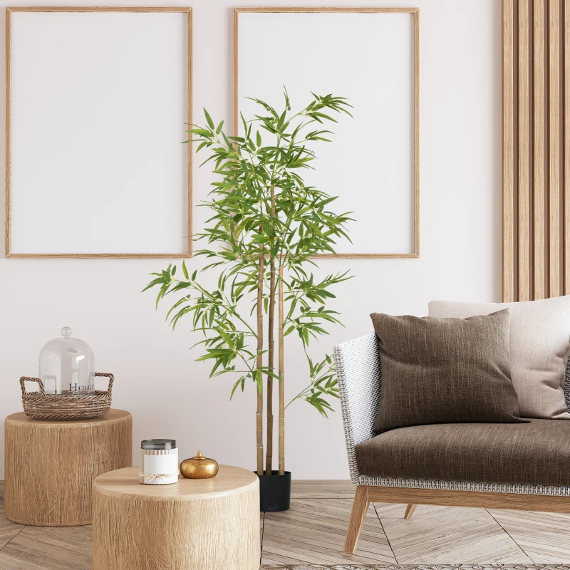 HOMCOM Kunstpflanze, Bambus, 3 Stämme, 830 Blätter, pflegeleicht, 180 cm, Zementtopf
