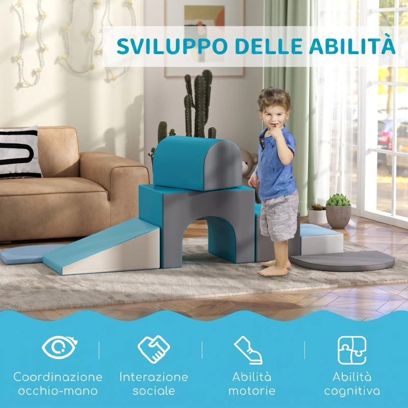 HOMCOM Set da Gioco per Bambini 12-36 Mesi da 7 Blocchi Multicolore in PU e EPE, 170x130x40 cm, Blu e Grigio