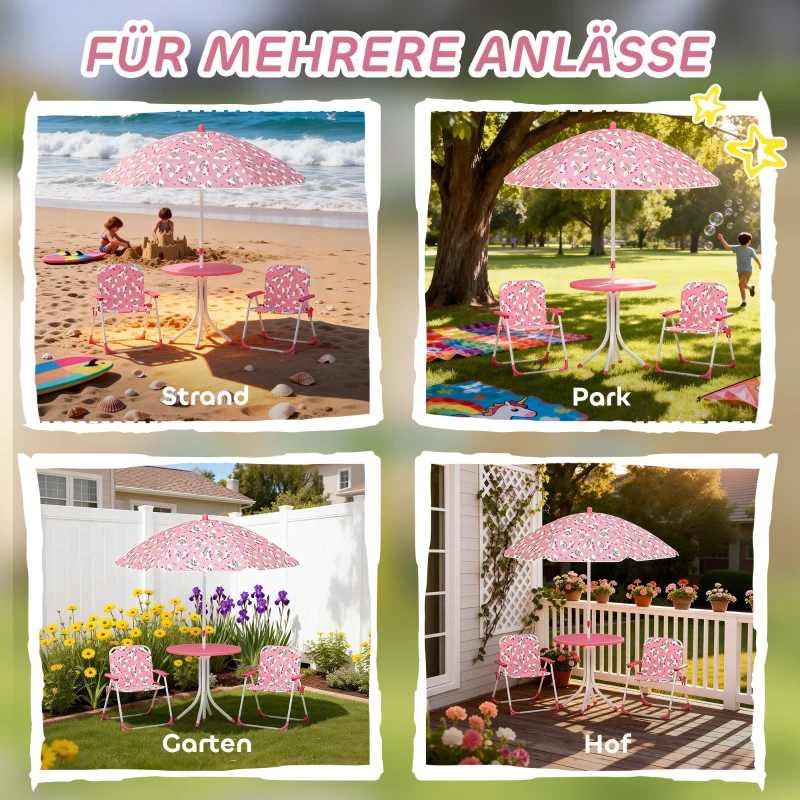 AIYAPLAY Kindersitzgruppe, 4 teilige Kindersitzgarnitur mit abnehmbarem Sonnenschirm, Kindertisch mit 2 Klappstühlen, Rosa