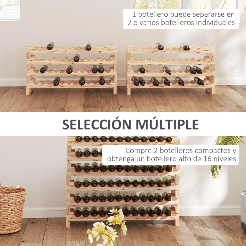 HOMCOM Botellero de Madera de 8 Niveles 96 Botellas Carga 100 kg para Cocina Bar 114x28x113,5 cm Madera Natural
