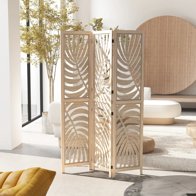 HOMCOM Paravent interieur en bois 3 panneaux 120 x 170 cm, pliable et portable, motif de feuille, design amovible, bois naturel