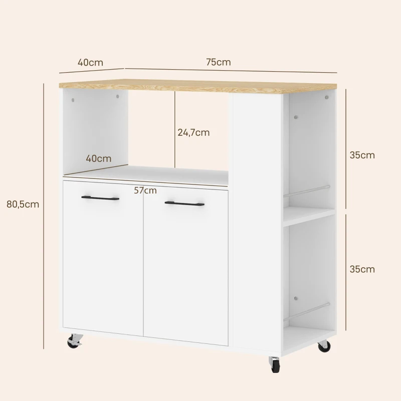 HOMCOM Carrito de Cocina con Ruedas 2 Puertas Estante Ajustable Especieros para Comedor 75x40x80,5 cm Blanco