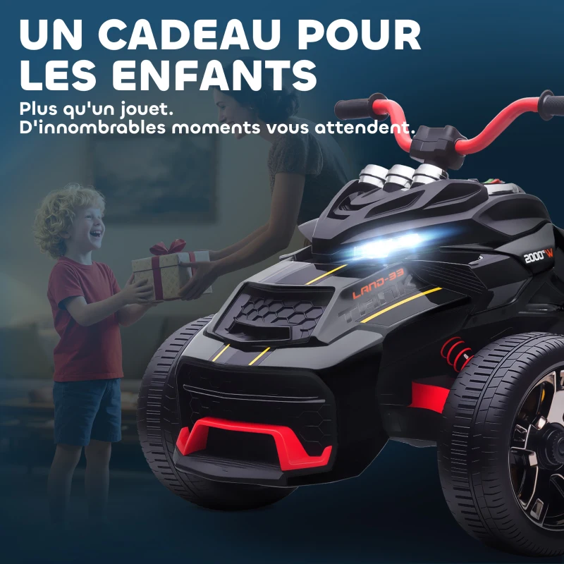 AIYAPLAY Quad électrique enfants voiture électrique enfants 12V 3 roues 2 moteurs lecteur MP3, klaxon, 2 vitesses 3-5 km/h noir