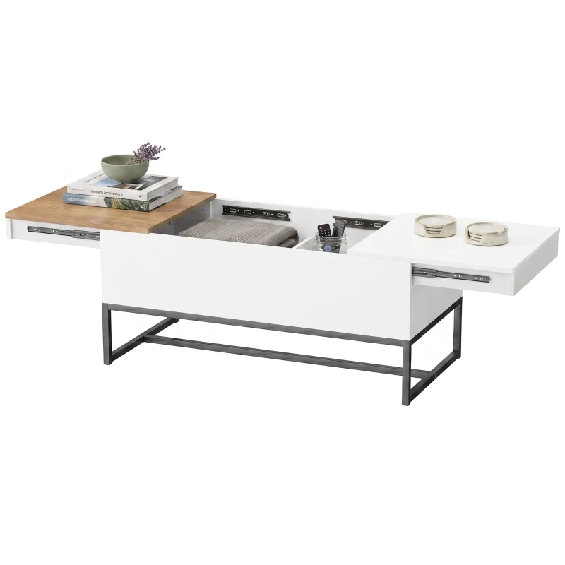 HOMCOM Table Basse Extensible avec Plateau Coulissant, Table de Salon avec Rangement Caché et Pieds en Acier, Blanc