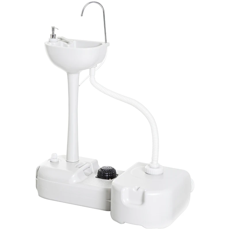 Outsunny Fregadero Portátil Lavamanos para Actividades al Aire Libre o Camping con Tanques de Recuperación de Agua 17 L Dispensador de Jabón Bomba de Pie y 2 Ruedas HDPE 83x50x103 cm Gris Claro