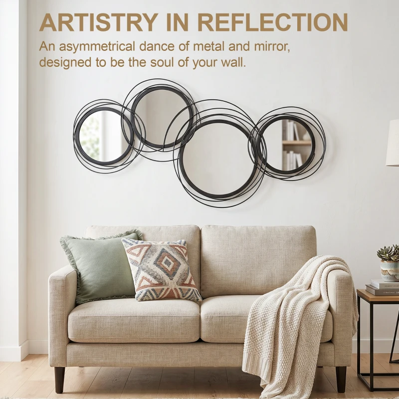 HOMCOM Metal Wall Art 56cm Modern Decorative Mirror Decor for Living Room Bedroom Dining Room, Black